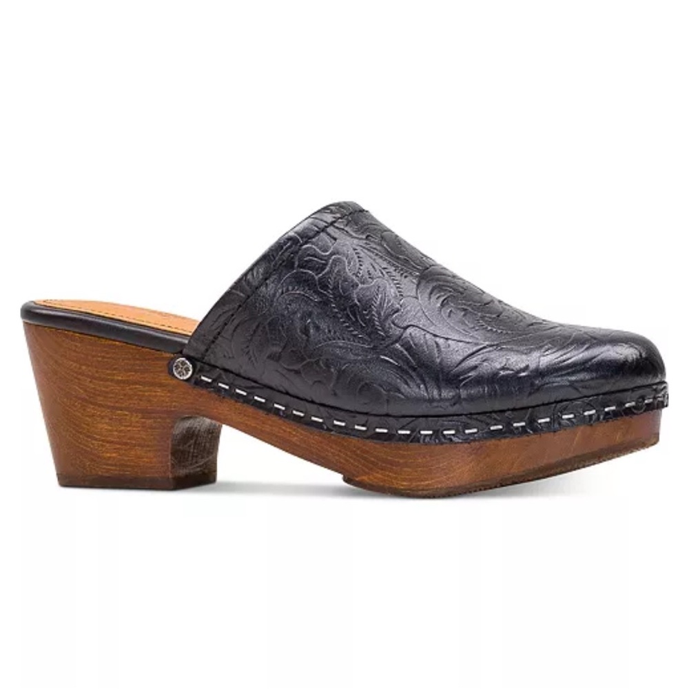 Patricia Nash Black Embossed Leather Clogs